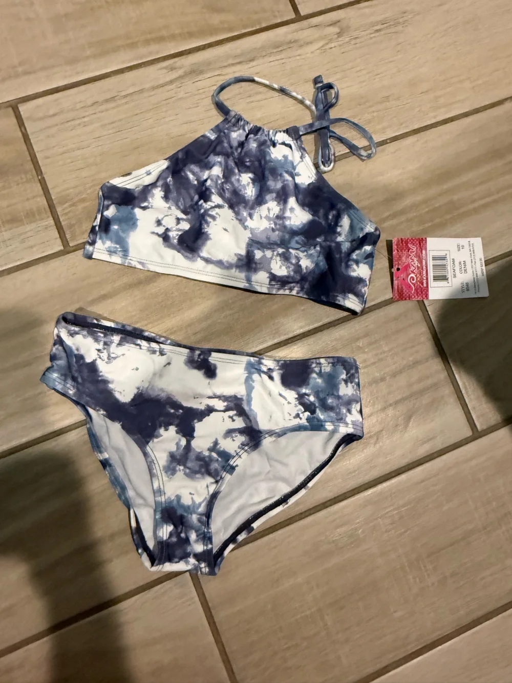 Girl’s Kanu Surf Denim & white Tie-Dye Bikini Set halter style size 10 NWT